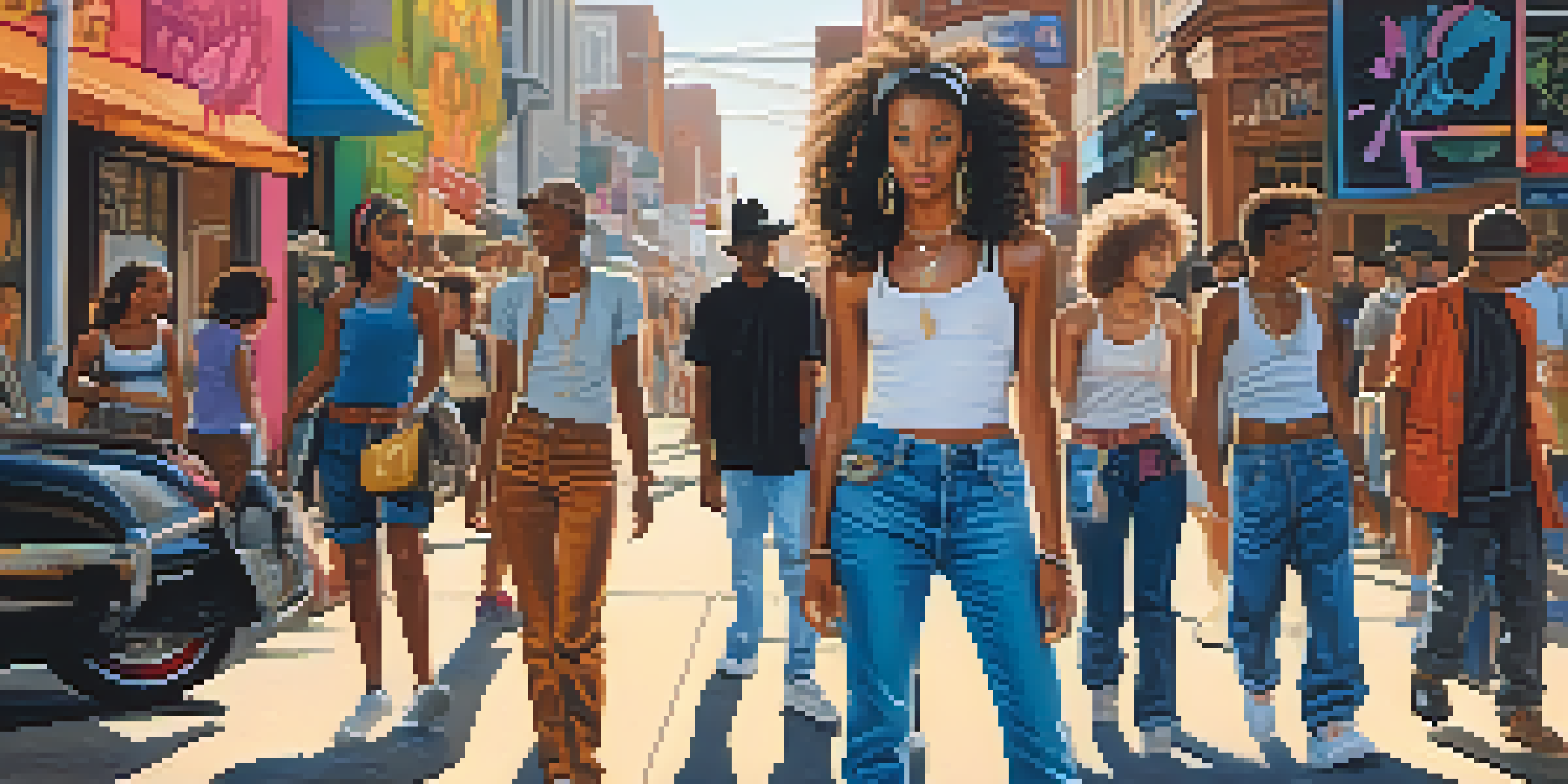 A lively street scene from the 2000s with young people in trendy fashion, colorful graffiti, and warm sunlight.