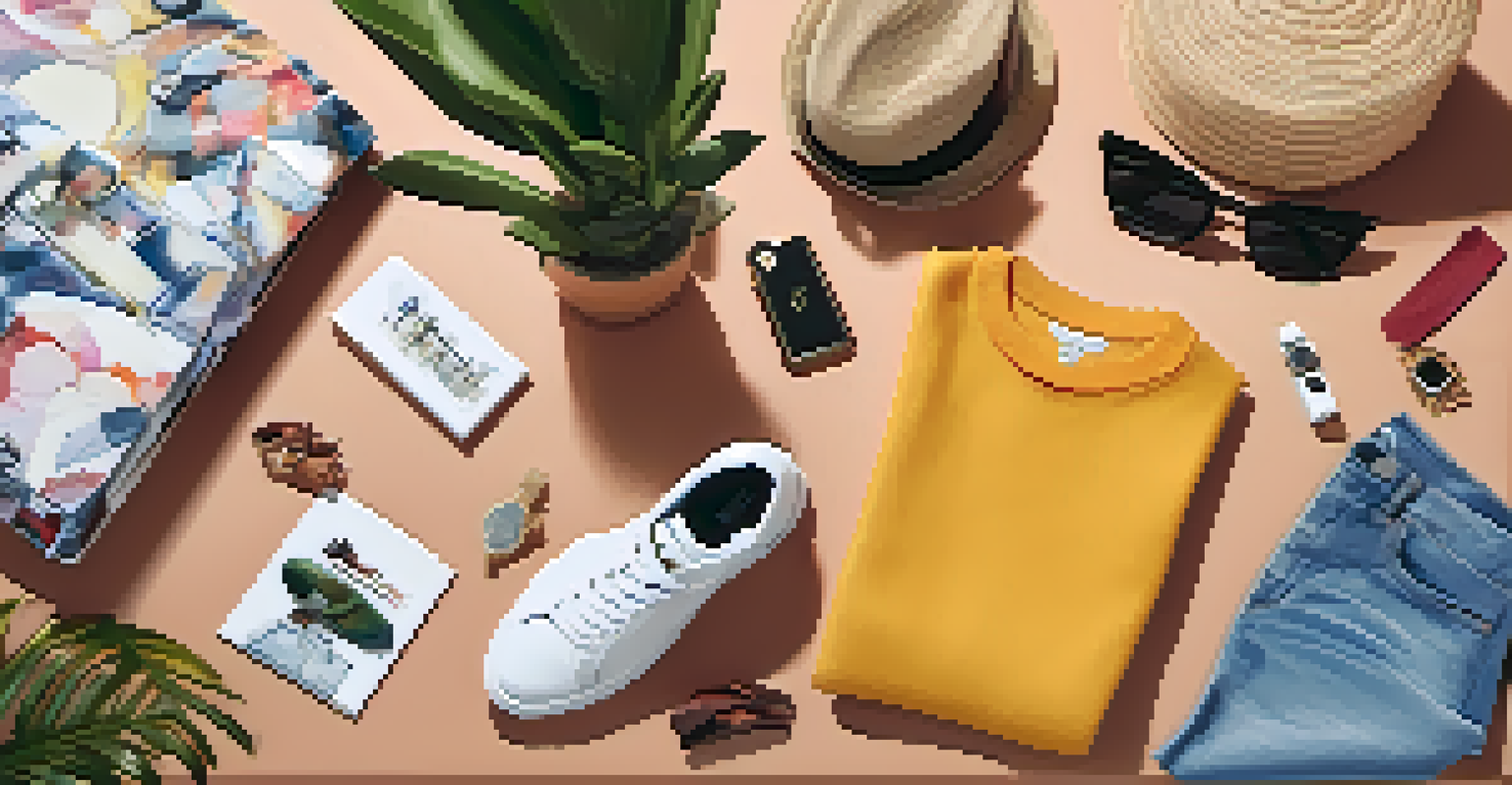 An artistic flat lay of limited edition fashion items from a celebrity collaboration, arranged on a textured surface with lifestyle elements like magazines and plants.