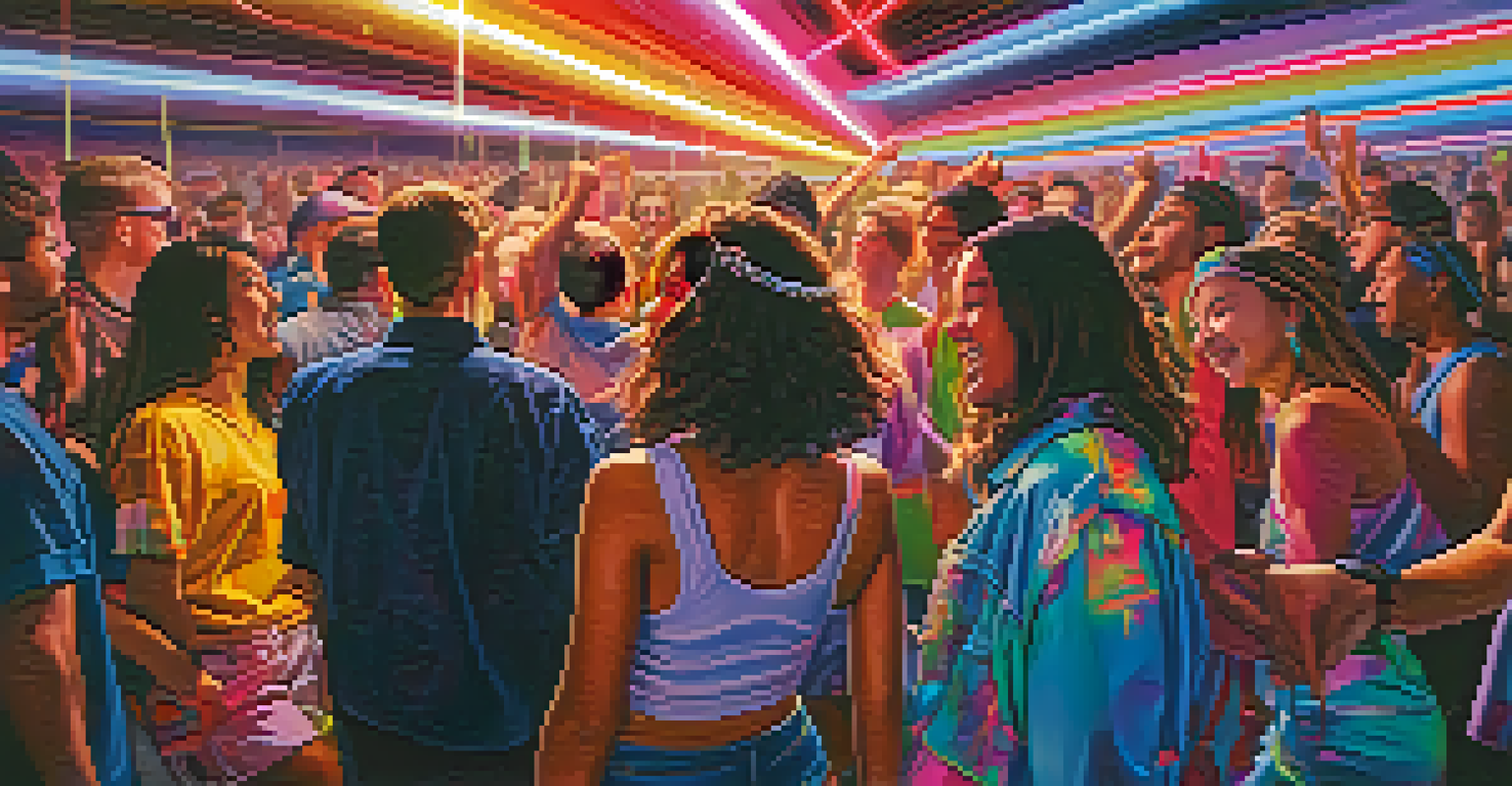 A group of friends in vibrant rave clothing dancing under colorful lights, representing the lively spirit of 1990s rave culture.