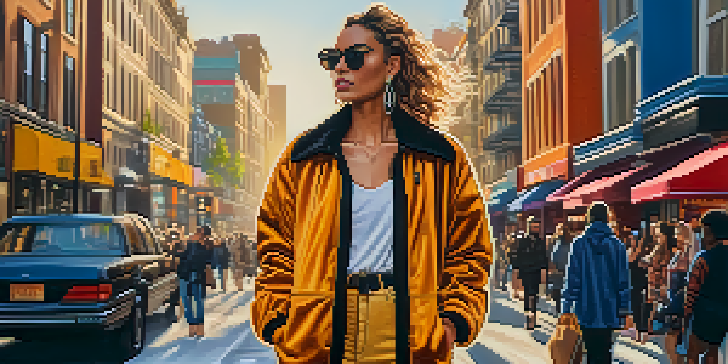 A fashion influencer in an urban setting, wearing a trendy outfit and surrounded by colorful street art, illuminated by warm golden hour lighting.