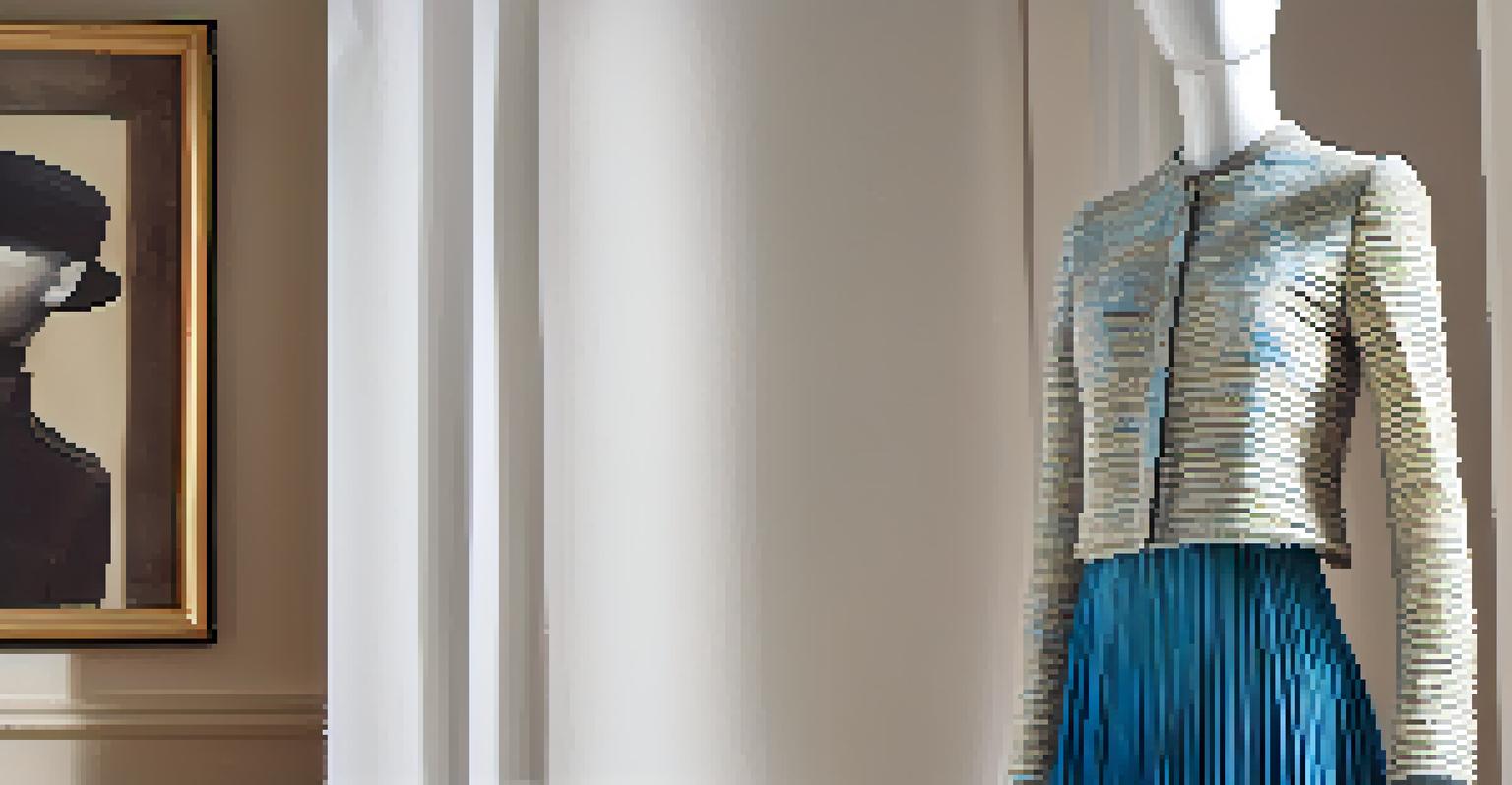 A close-up of a stylish outfit made from recycled materials on a mannequin in a minimalistic studio.