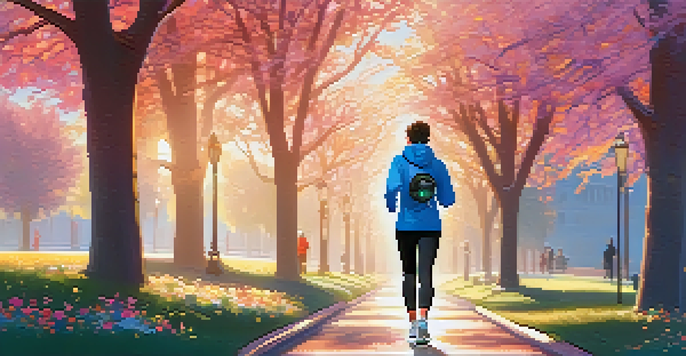 A person jogging in a park at sunrise, wearing a modern smartwatch that displays fitness data.