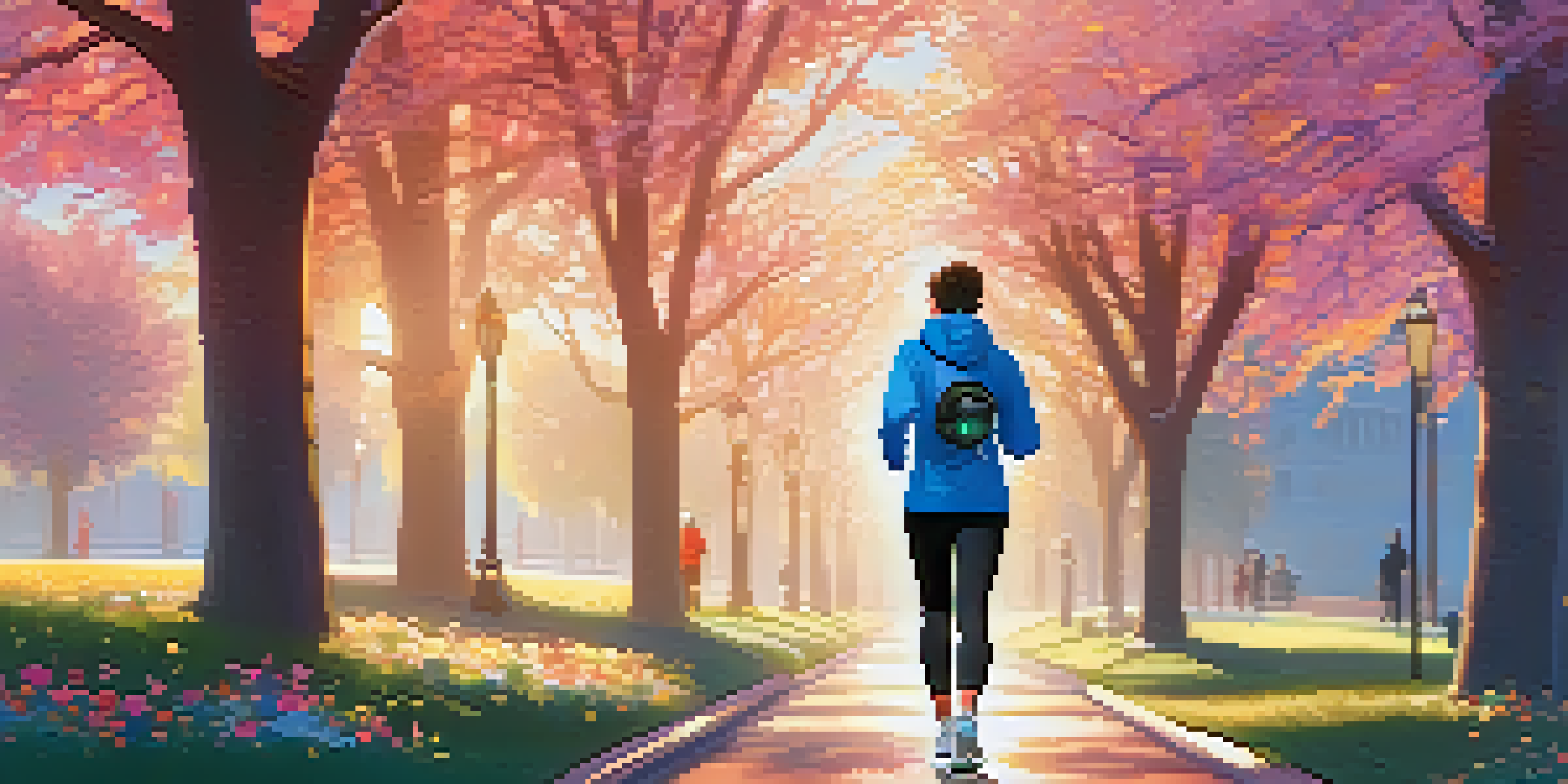 A person jogging in a park at sunrise, wearing a modern smartwatch that displays fitness data.