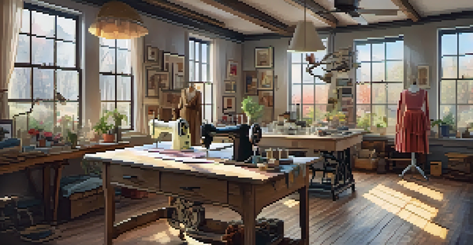 A designer working in a rustic fashion studio with natural light, vintage sewing machine, and colorful fabrics.