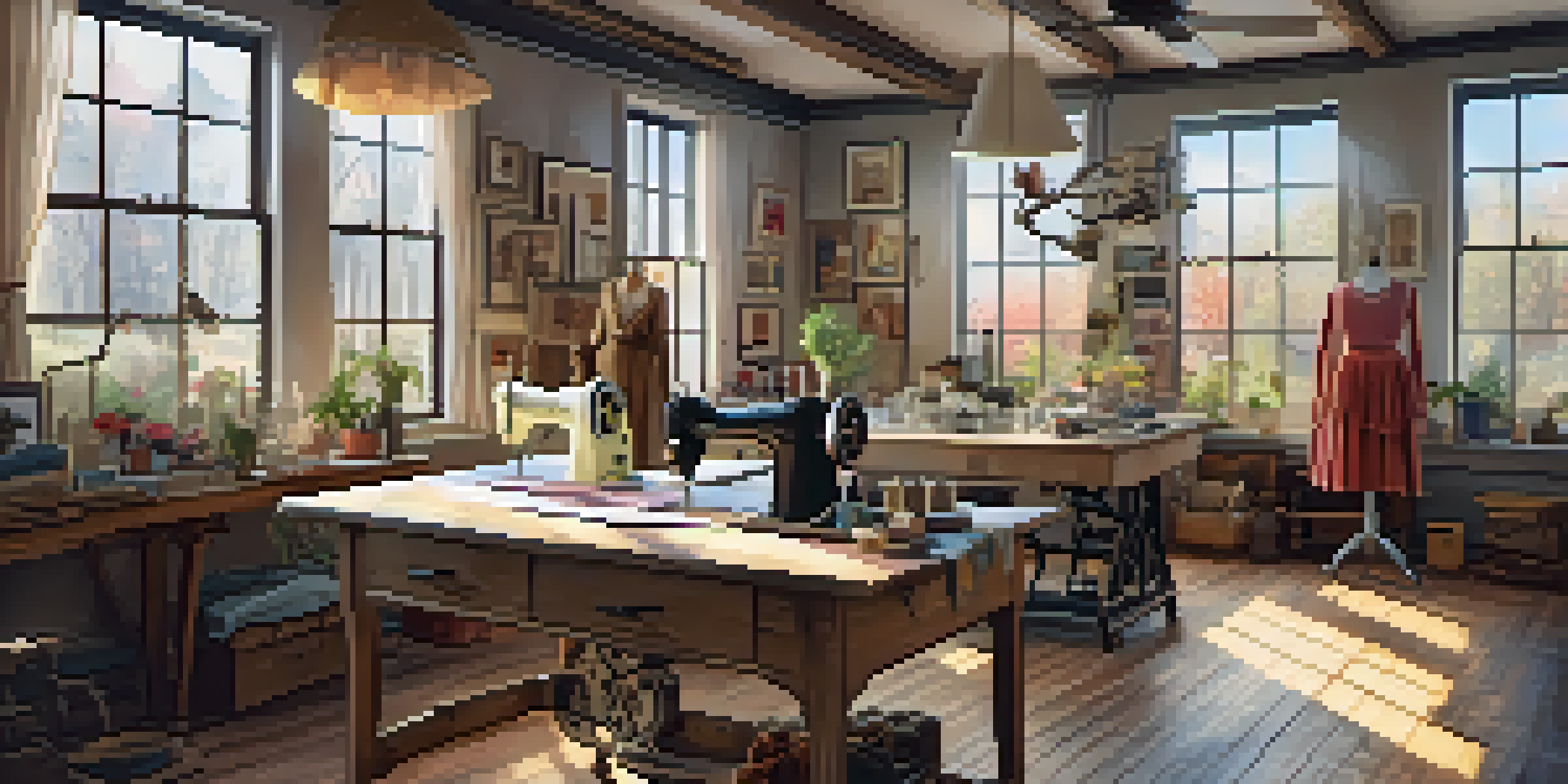 A designer working in a rustic fashion studio with natural light, vintage sewing machine, and colorful fabrics.