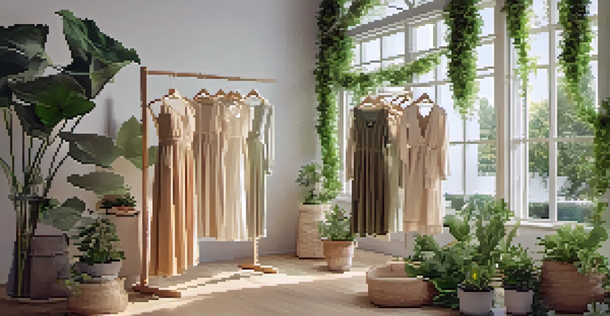 A fashion display showcasing eco-friendly clothing with dresses made from organic cotton, surrounded by green plants and natural lighting.