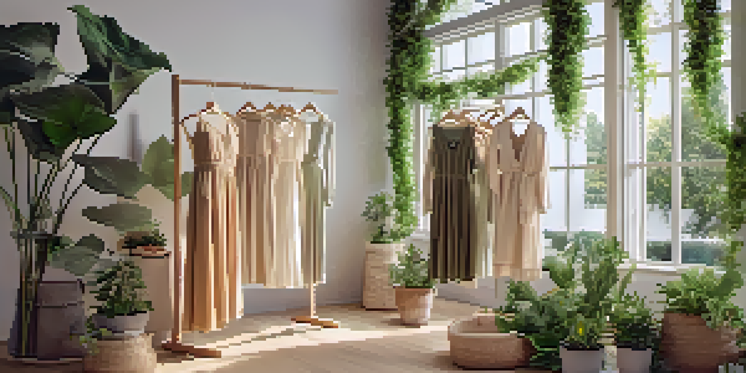 A fashion display showcasing eco-friendly clothing with dresses made from organic cotton, surrounded by green plants and natural lighting.