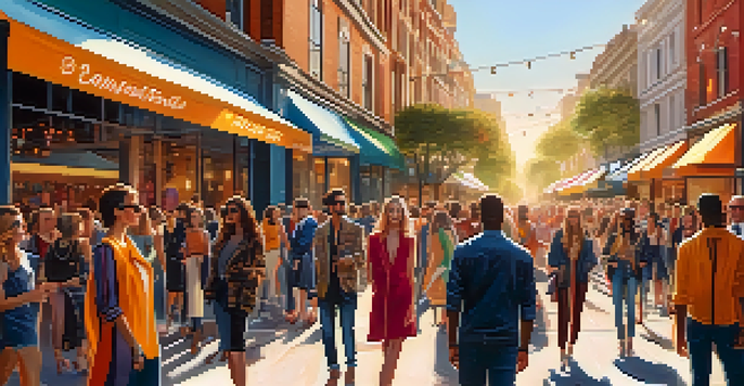 A lively street scene with a diverse crowd wearing stylish outfits, colorful banners promoting a fashion collaboration, and models displaying unique clothing under warm sunlight.