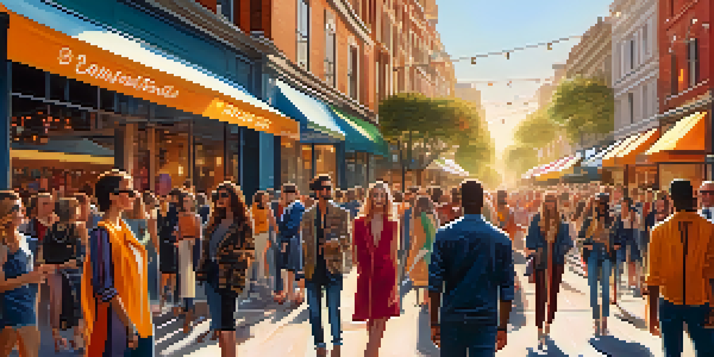 A lively street scene with a diverse crowd wearing stylish outfits, colorful banners promoting a fashion collaboration, and models displaying unique clothing under warm sunlight.