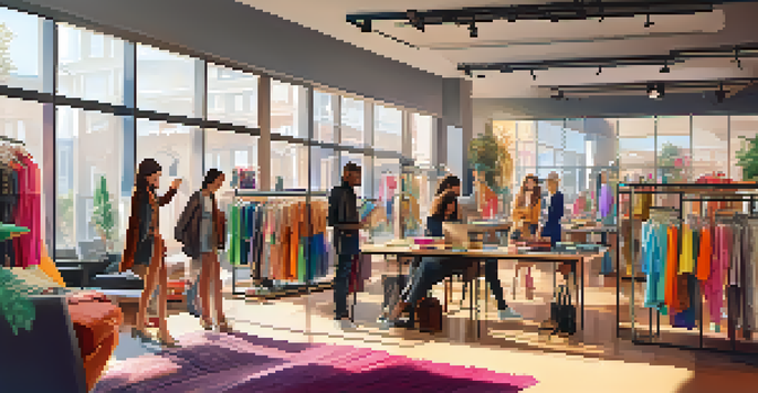 A lively online fashion forum with diverse individuals discussing fashion trends in a bright room filled with clothing and accessories.