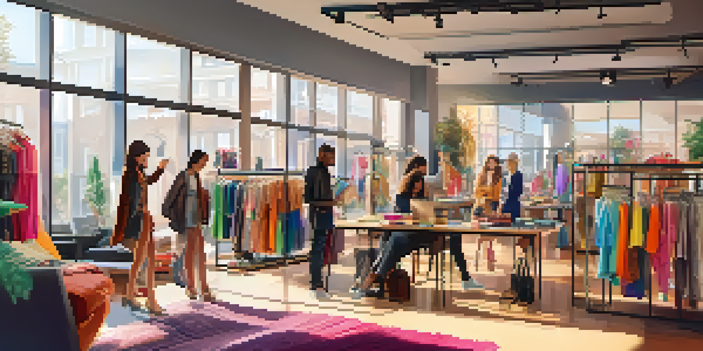 A lively online fashion forum with diverse individuals discussing fashion trends in a bright room filled with clothing and accessories.