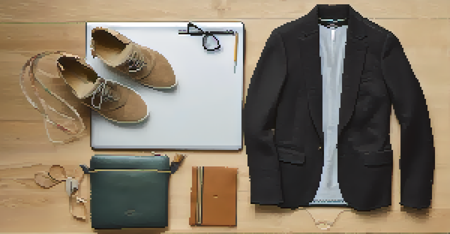 A stylish sustainable outfit and accessories displayed on a desk with a laptop and notebook, illuminated by warm lighting.