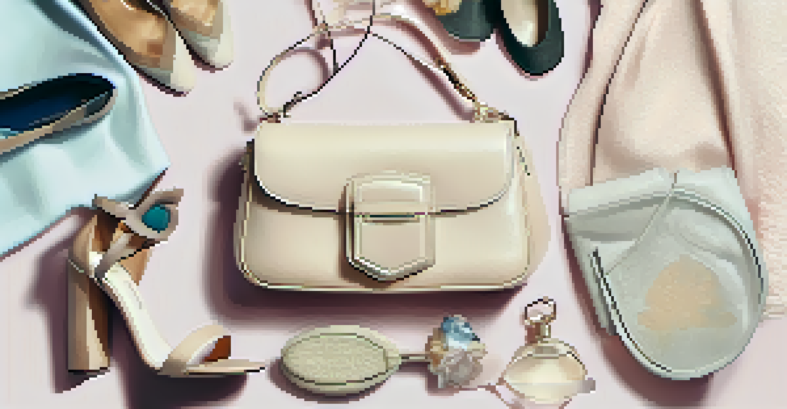 A flat lay image of a fashion collection featuring clothing, accessories, and shoes arranged on a textured fabric background with soft lighting.