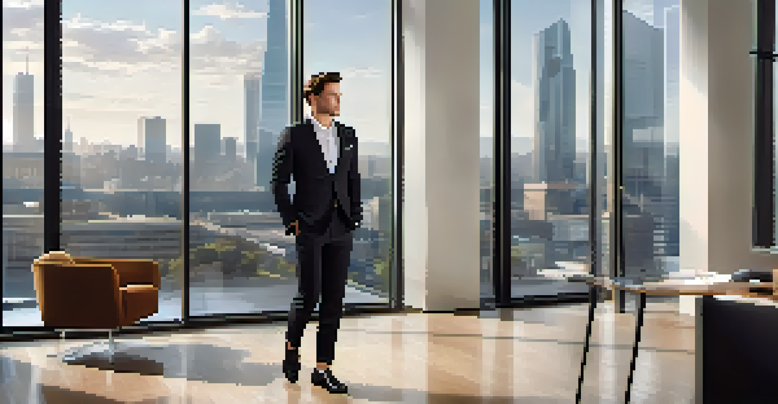 A young professional in a modern office, wearing black dress shoes and tailored clothing.