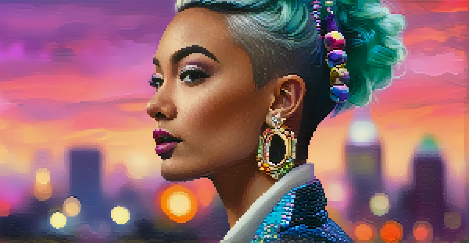 A close-up portrait of a person in a bold gender-fluid outfit with a blurred cityscape in the background.