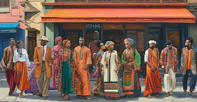 A lively street scene with people of different backgrounds wearing a mix of traditional and modern fashion styles, showcasing vibrant colors and diverse cultures.