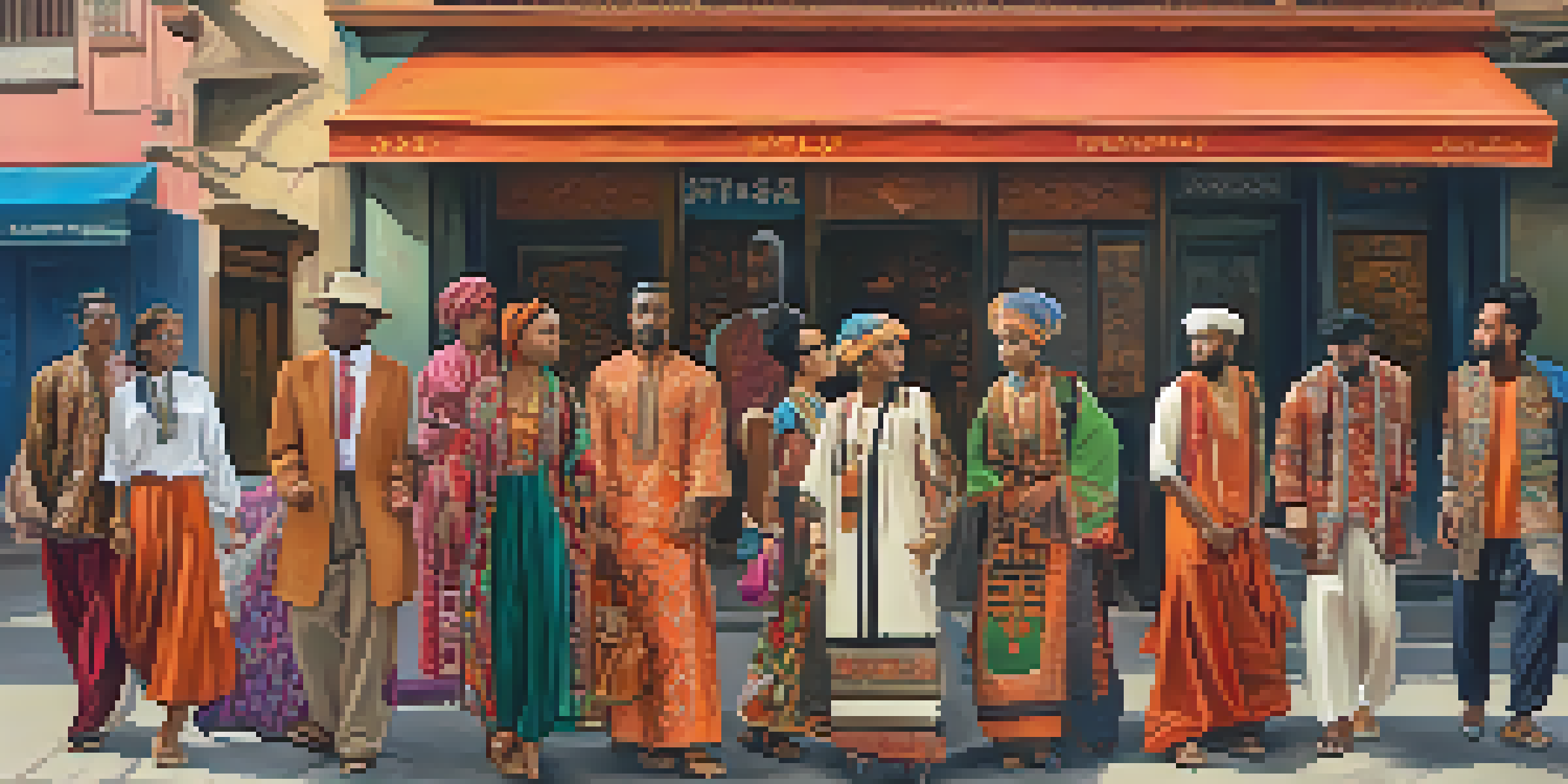 A lively street scene with people of different backgrounds wearing a mix of traditional and modern fashion styles, showcasing vibrant colors and diverse cultures.