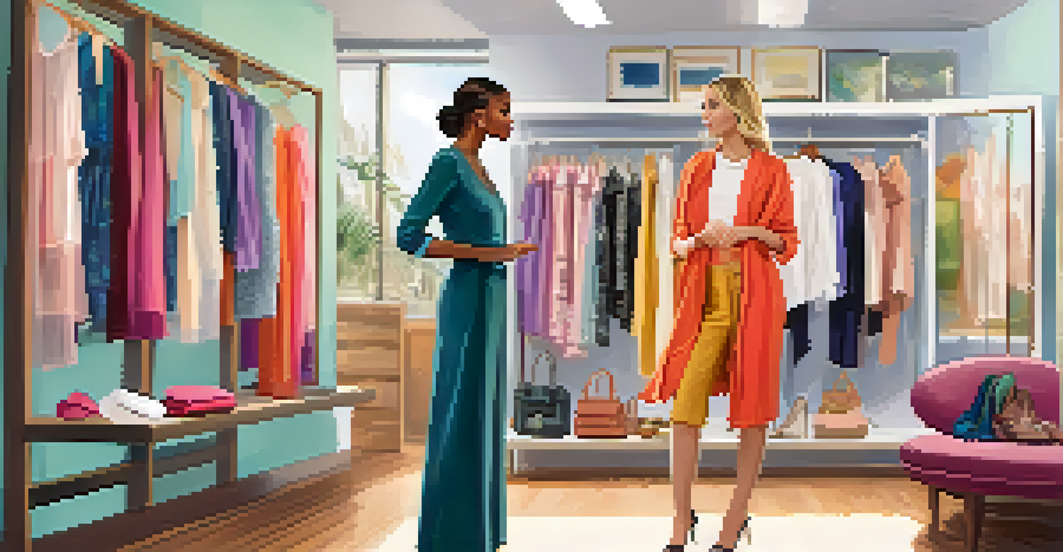 A bright fashion therapy room with a client trying on clothes while discussing with a therapist.