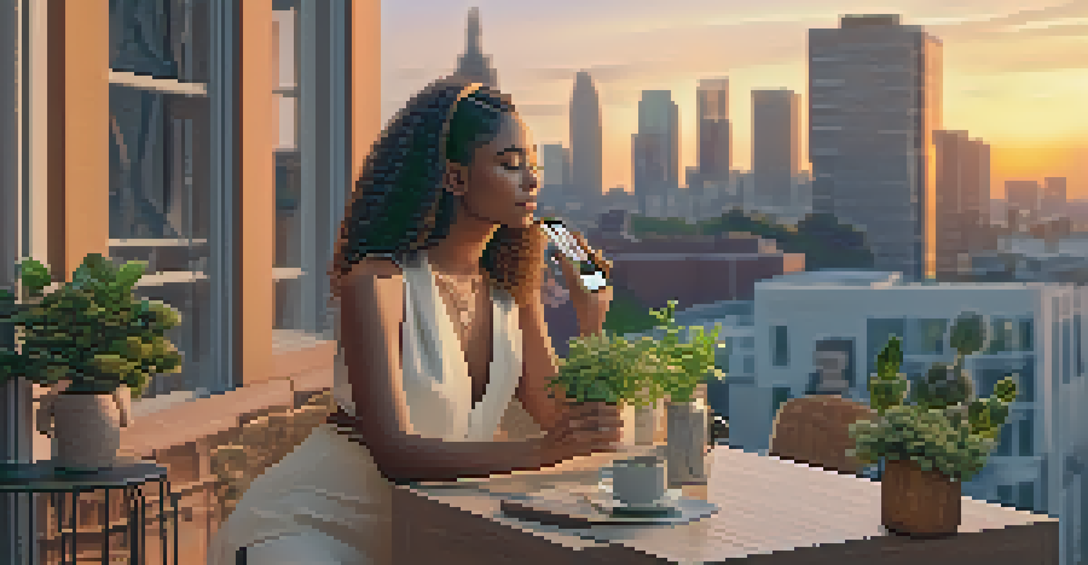 An influencer on a balcony at sunset showcasing an outfit made from organic cotton, with city skyline in the background and plants around.