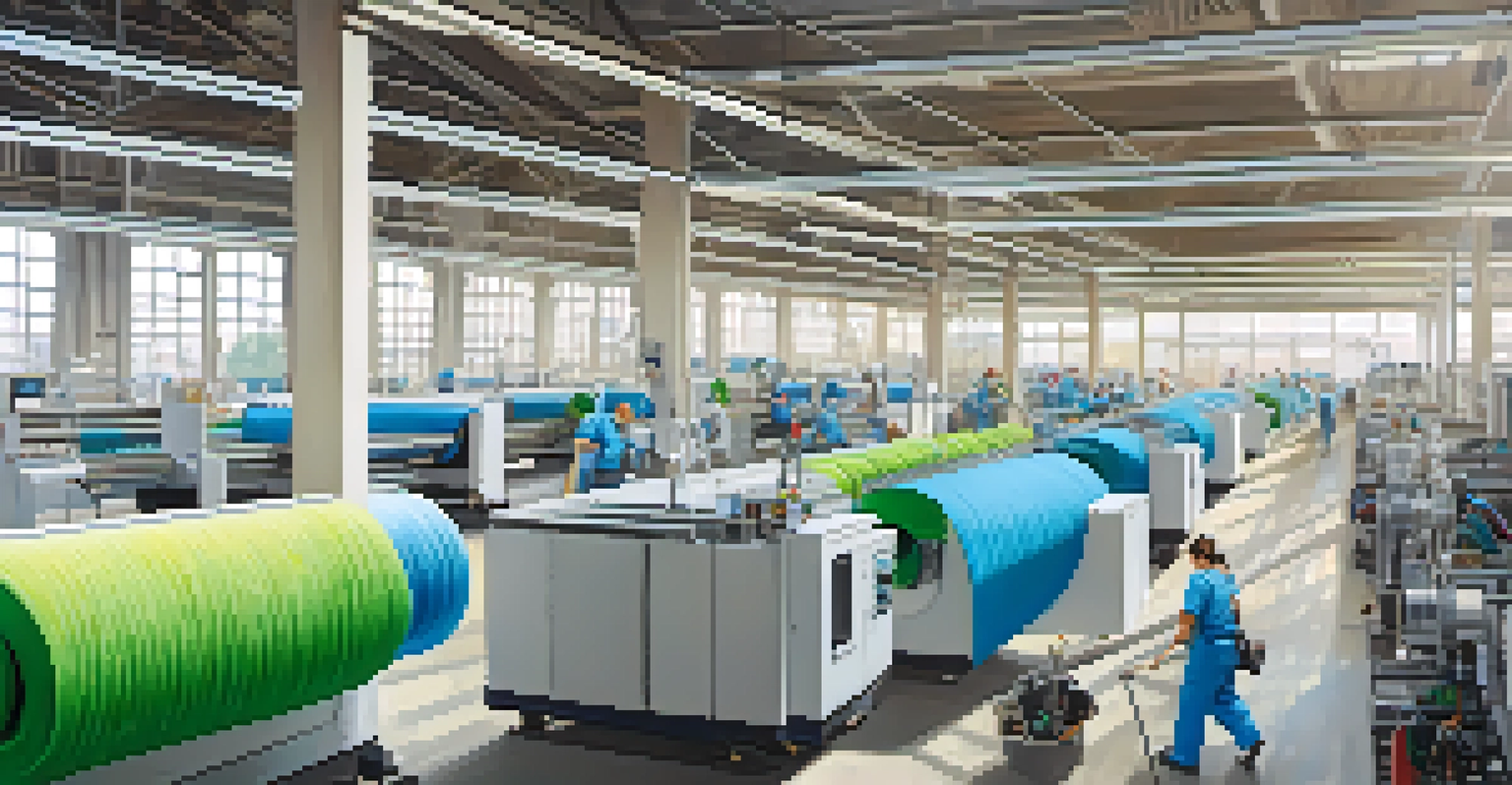 An interior view of a textile factory with advanced technology for sustainable fashion.