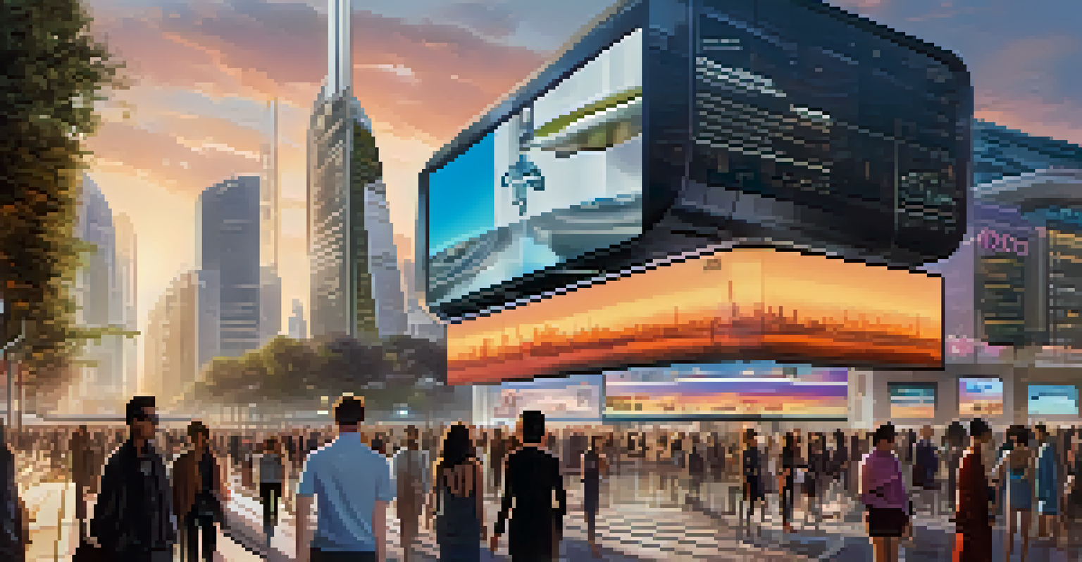 A futuristic cityscape highlighting fashion tech innovations and ethical data practices, with drones and pedestrians engaged in shopping.
