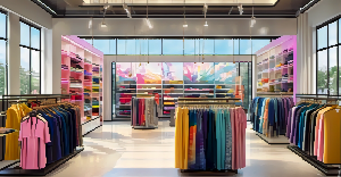 A bright and modern fashion retail store with customers browsing colorful clothing and a digital screen displaying outfit suggestions.