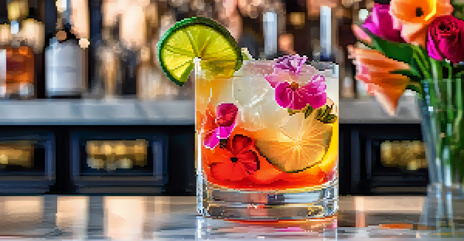 A stylish cocktail inspired by fashion, garnished with edible flowers, set against a blurred fashion magazine backdrop.
