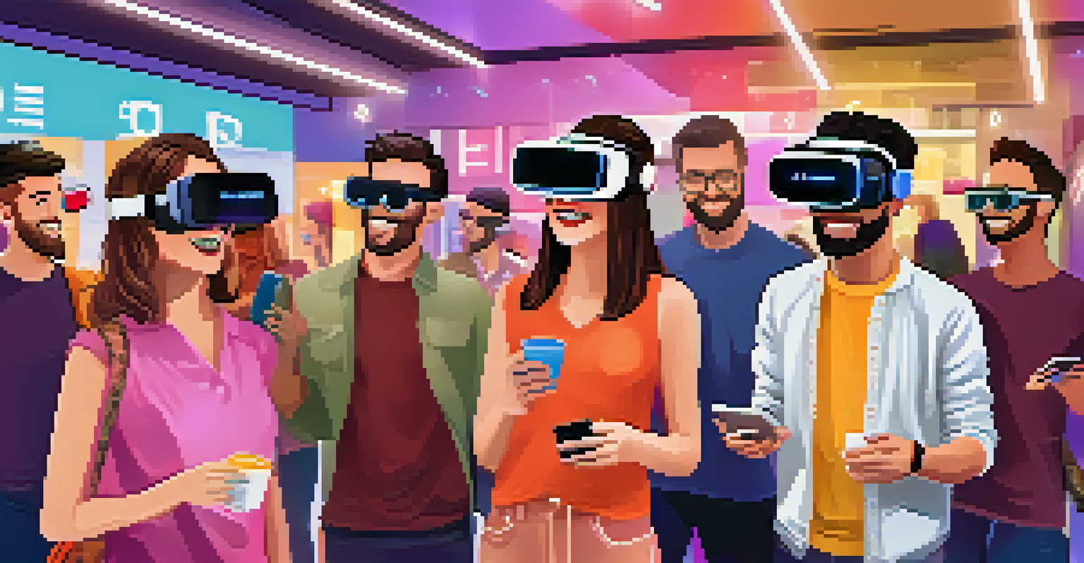 A group of friends in virtual reality shopping together in a colorful digital boutique, wearing VR headsets and interacting with products.