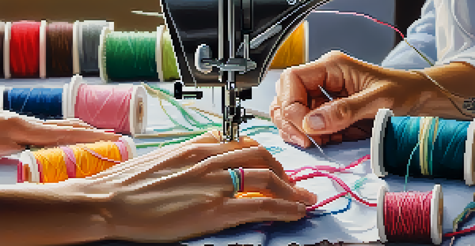 Close-up of hands sewing fabric with a needle, showcasing the labor-intensive process with colorful threads in the background.