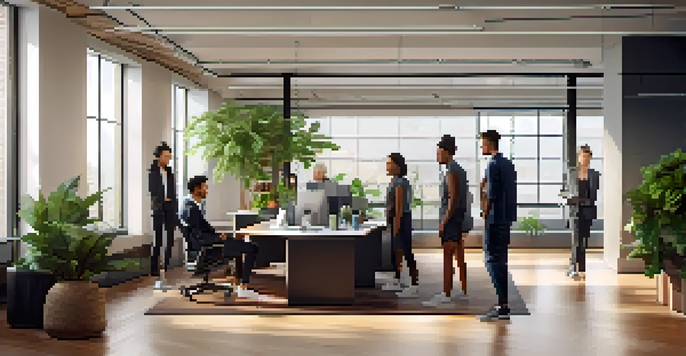 A diverse group of professionals in an office, wearing stylish athleisure clothing, including joggers and blazers, with natural light and plants in the background.