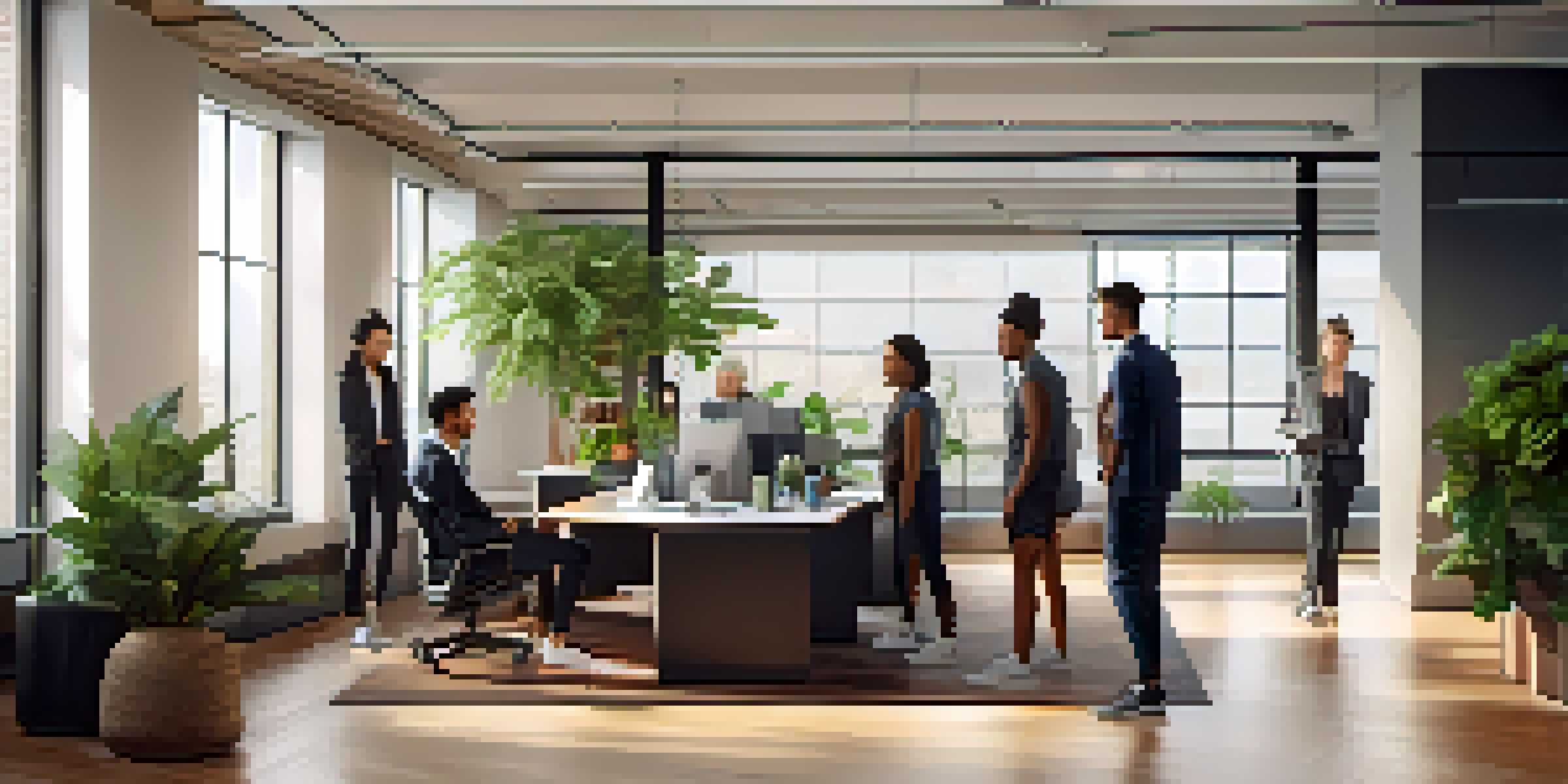 A diverse group of professionals in an office, wearing stylish athleisure clothing, including joggers and blazers, with natural light and plants in the background.
