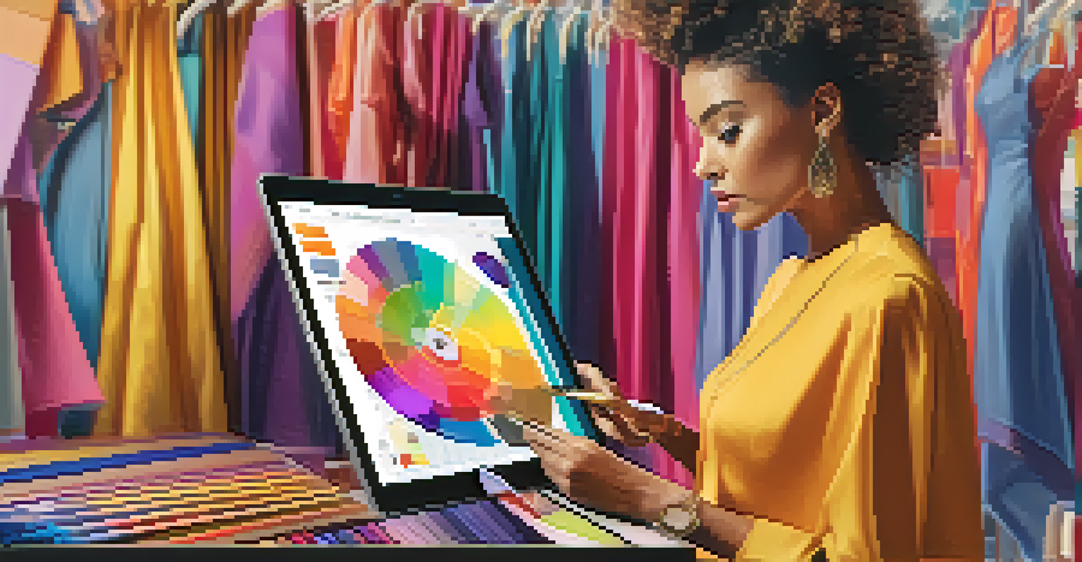 A fashion designer examining real-time data on a tablet, surrounded by fabric swatches and sketches, with vibrant analytics displayed on the screen.