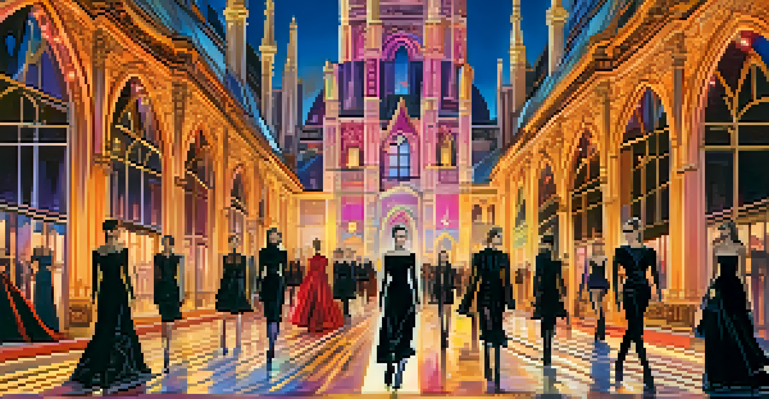 Models walk on a runway illuminated by colorful lights, set against a Gothic architectural backdrop during a fashion week event, blending fashion and historical architecture.