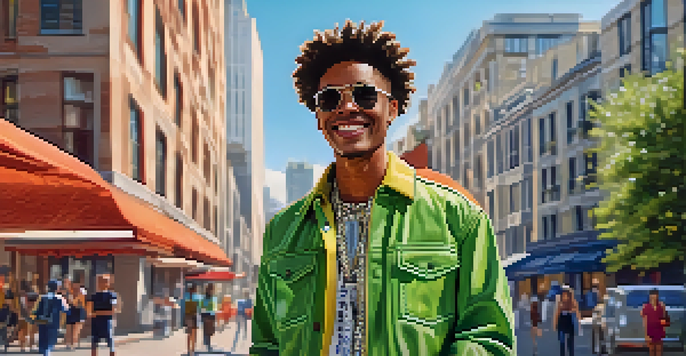 A fashionable influencer in an eco-friendly outfit interacts with their audience in a sunny urban environment.