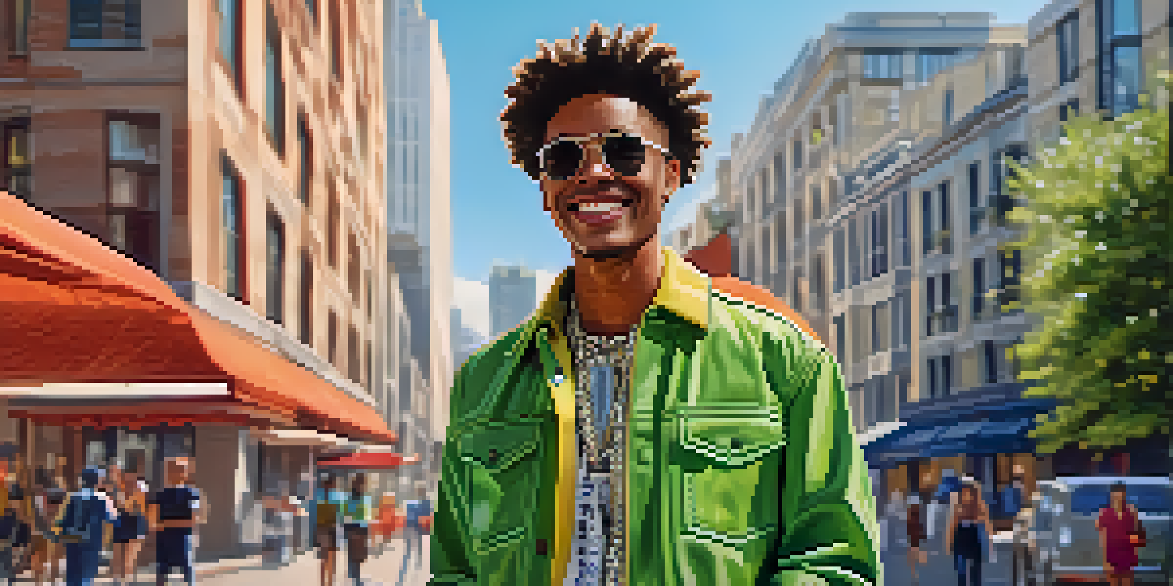 A fashionable influencer in an eco-friendly outfit interacts with their audience in a sunny urban environment.