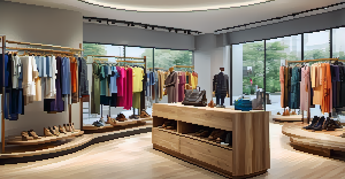 A vibrant fashion retail store with clothing racks and mannequins, illuminated by natural light, where customers explore clothing and digital screens.