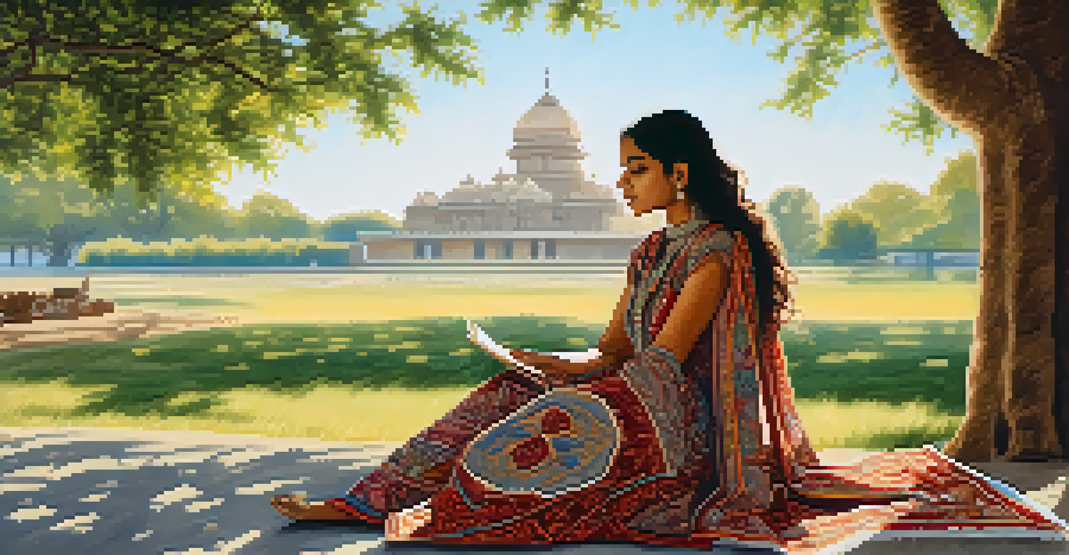 An Indian fashion student demonstrating traditional embroidery techniques outdoors in a natural setting.