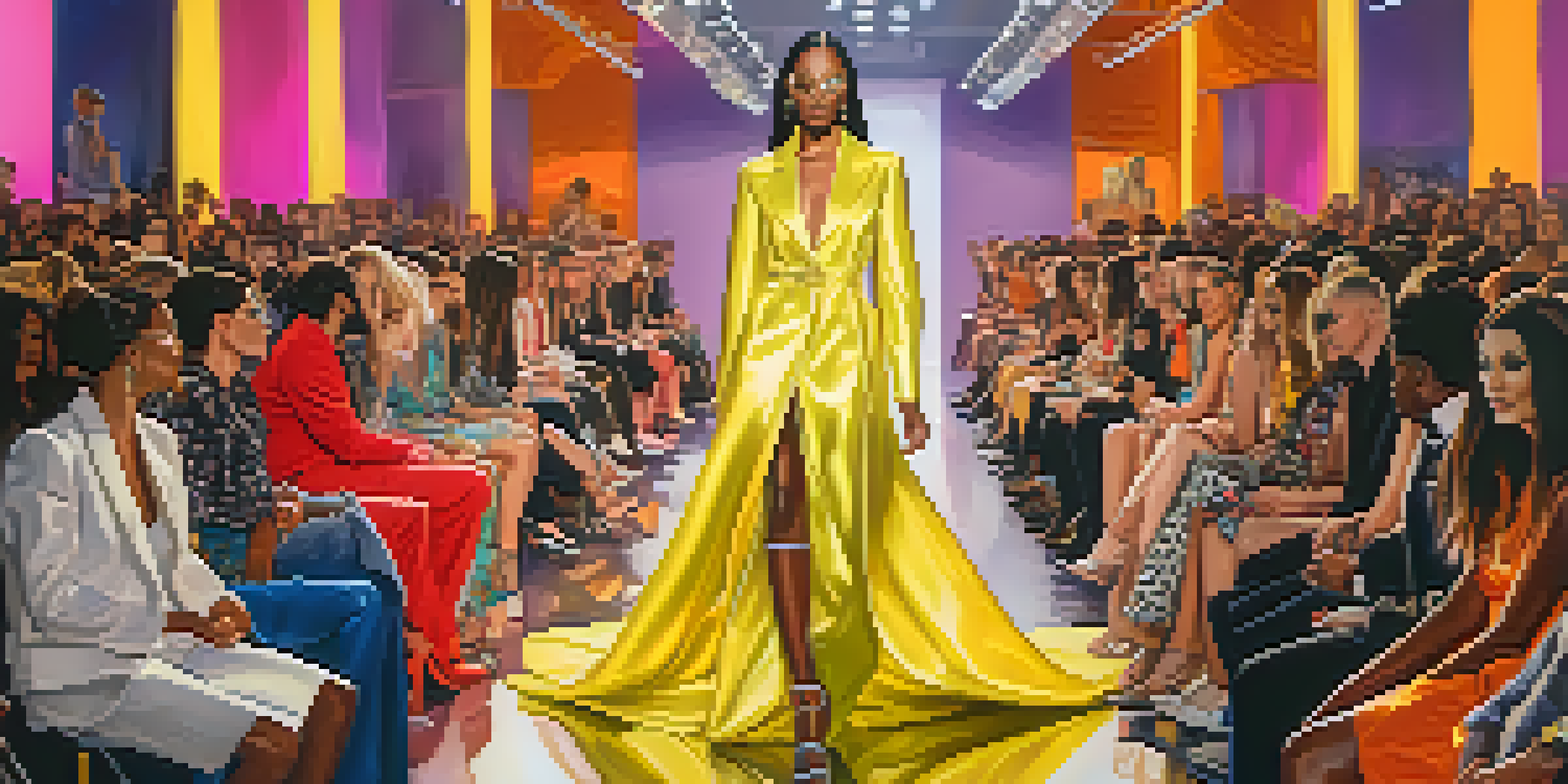 A fashion runway with diverse models of different gender identities wearing gender-neutral clothing, surrounded by an engaged audience and colorful lighting.