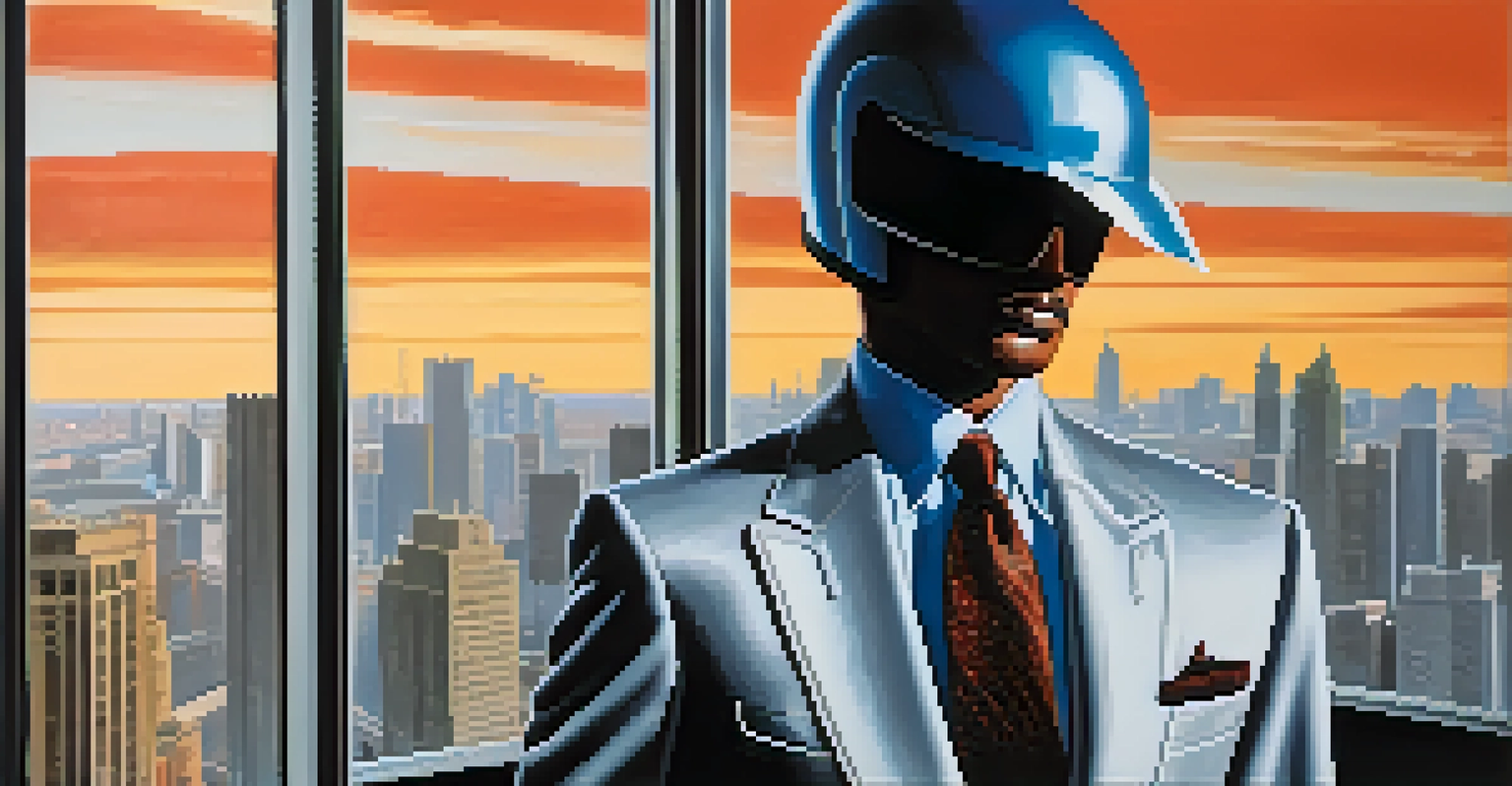 A close-up of a bold 1980s power suit with shoulder pads, set against an office backdrop with city views.