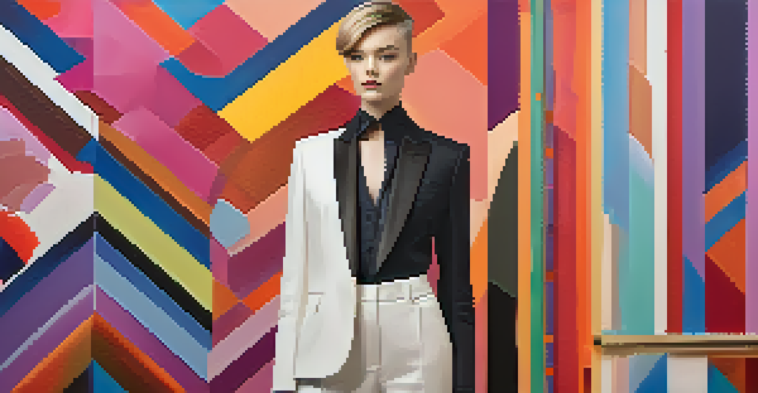 A mannequin showcasing an androgynous outfit with a colorful abstract background, representing gender fluidity in fashion.