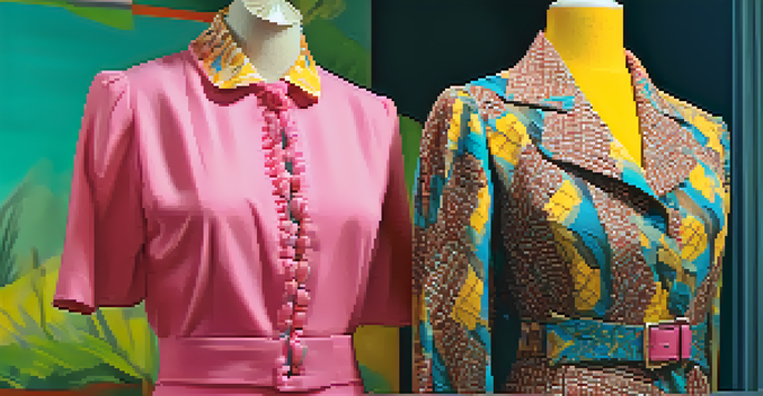 A vintage 1980s outfit on a mannequin, showcasing bright colors and unique patterns.