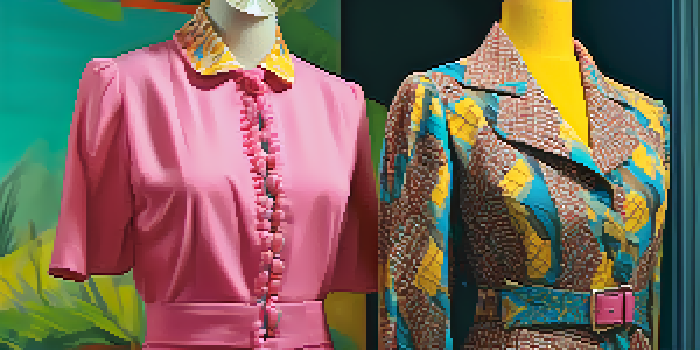 A vintage 1980s outfit on a mannequin, showcasing bright colors and unique patterns.