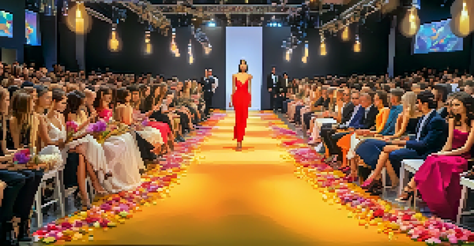 A fashion runway with models walking among edible flowers and colorful desserts, creating a lively atmosphere.