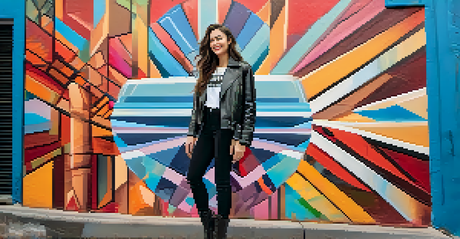 A confident young woman in an edgy outfit standing in front of a colorful street mural.