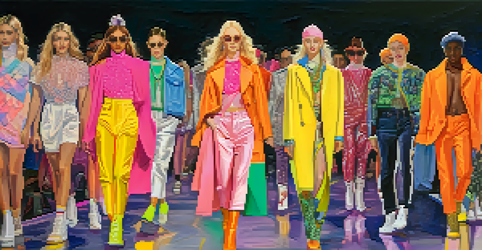A runway show featuring gender-fluid fashion styles with models in bold outfits, set against a colorful backdrop that highlights diversity and self-expression.