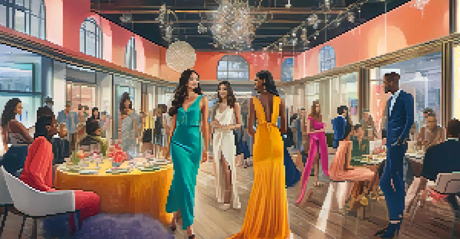 A fashion collaboration event with influencers and brand representatives mingling in a stylish environment.
