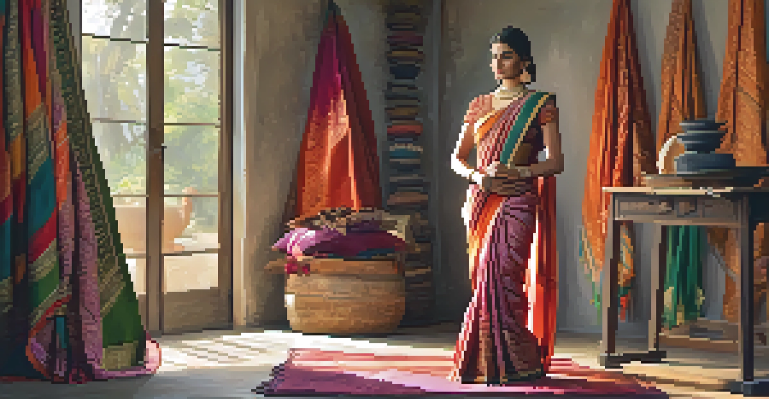 A beautifully embroidered Indian sari displayed on a mannequin in a workshop, surrounded by weaving tools and vibrant fabric materials.