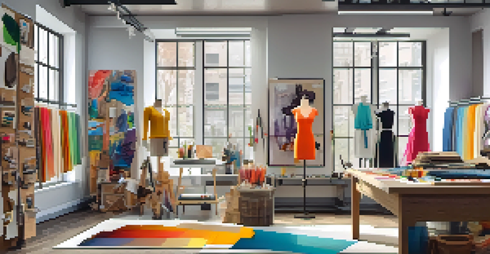 A bright and colorful fashion design studio with fabric swatches, mannequins, and design sketches displayed.