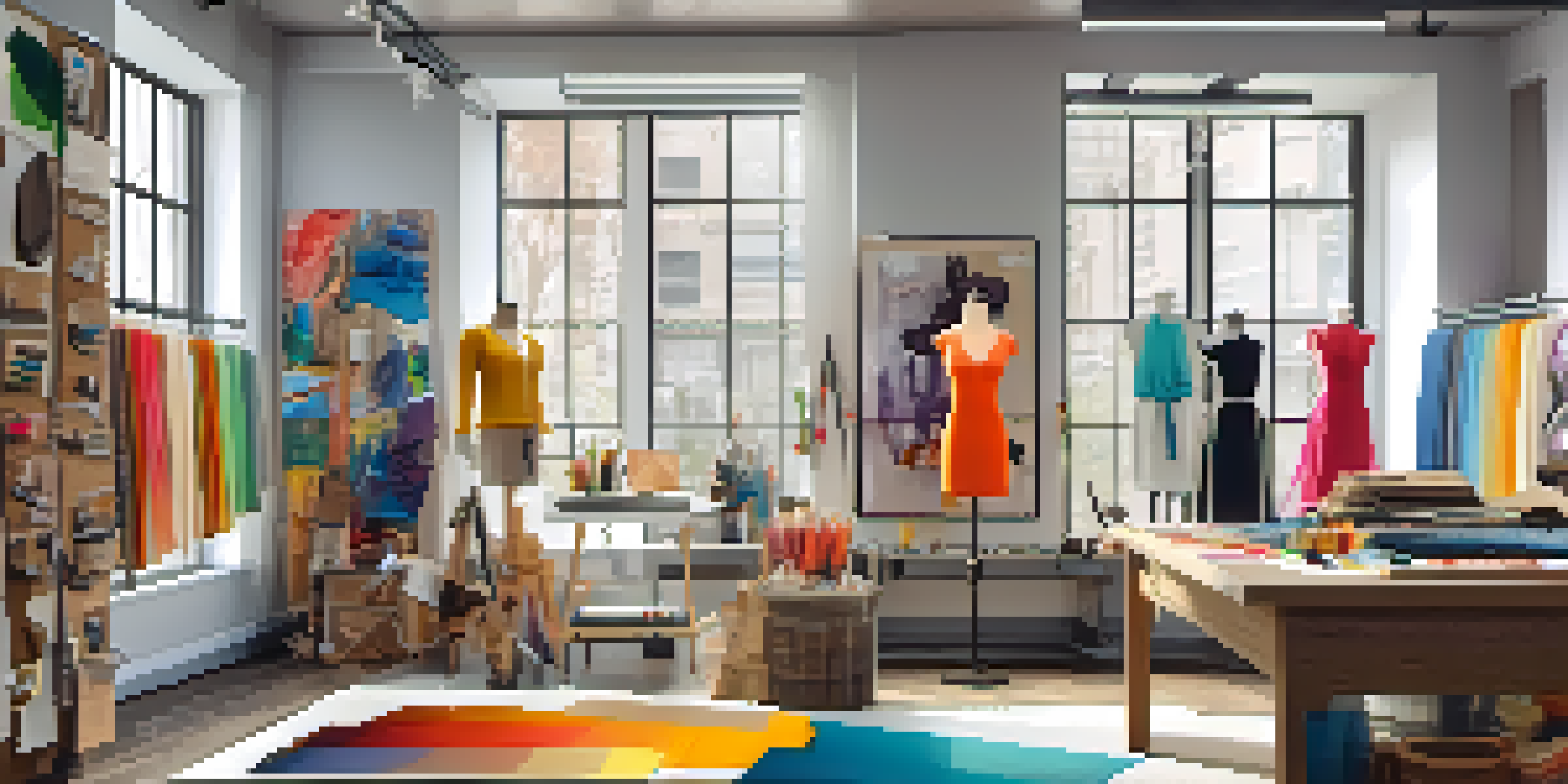 A bright and colorful fashion design studio with fabric swatches, mannequins, and design sketches displayed.