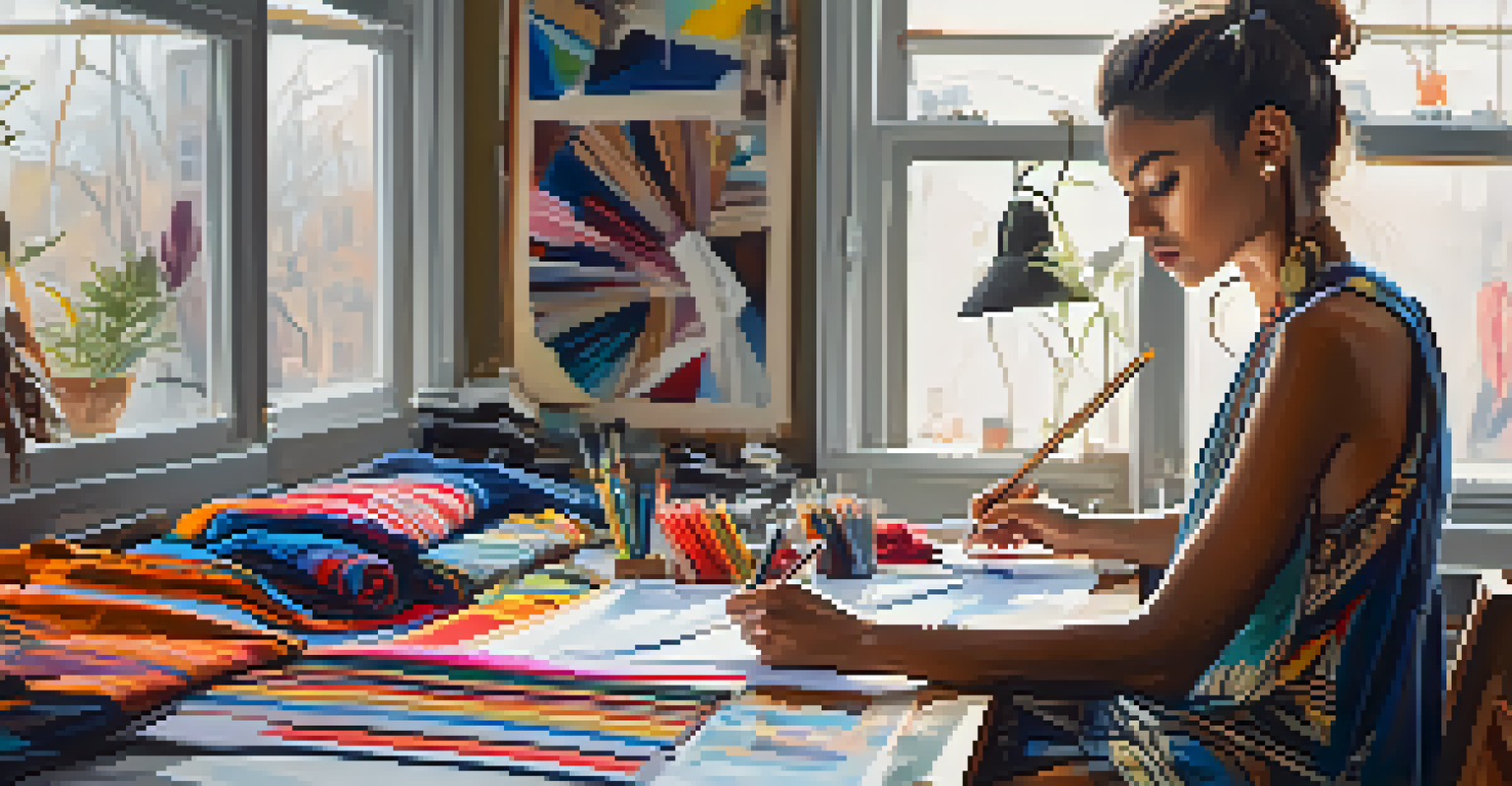 A young designer sketching clothing in a colorful workspace filled with fabrics and design tools, illuminated by natural light.